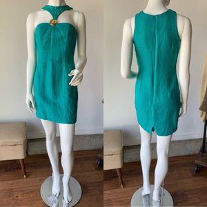 Vintage 80s Turquoise Linen Blend Sleeveless Dress Cutout Gold Size 4 Small S